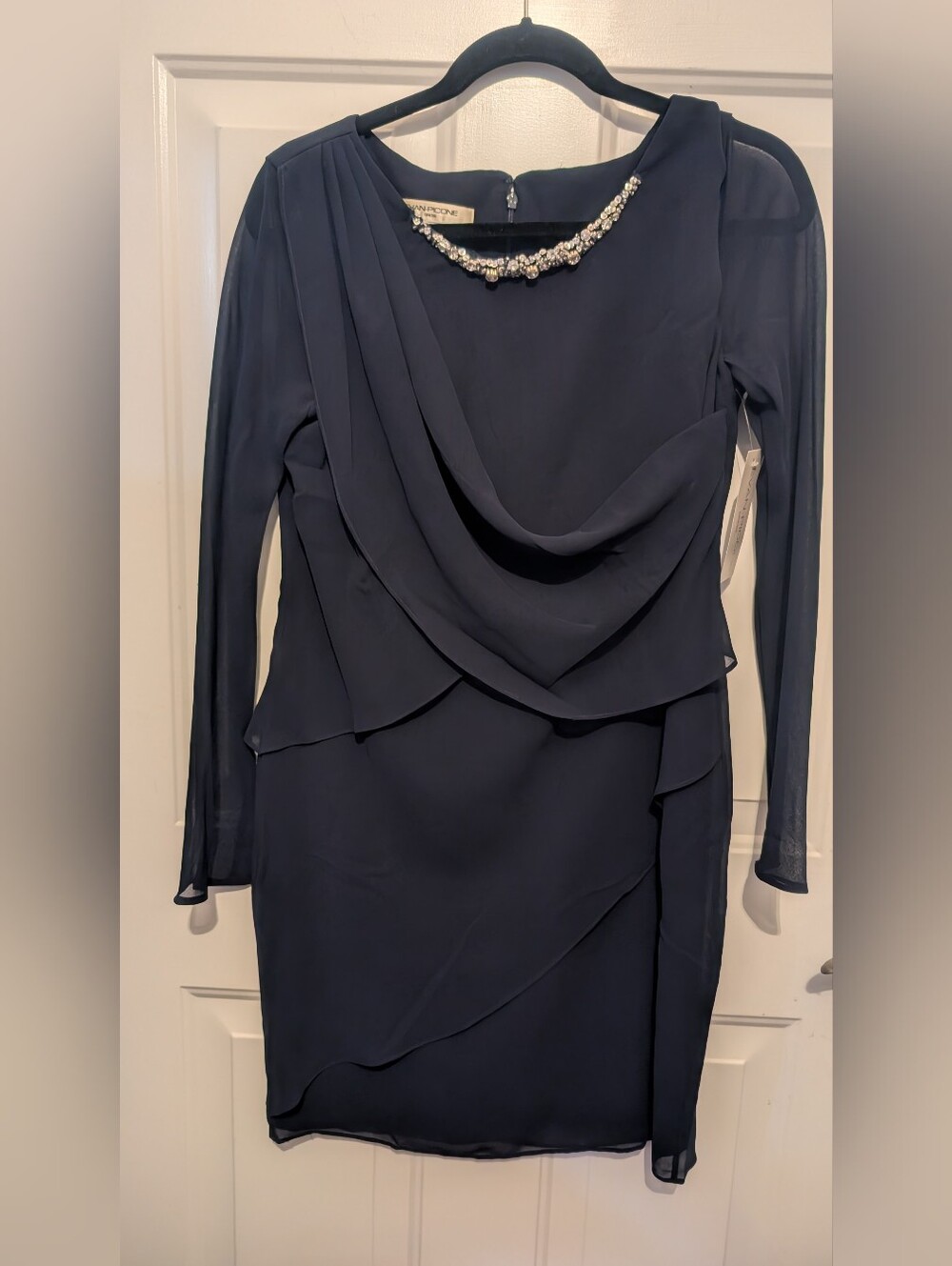 Evan Piconne Navy Flattering Draped Long-Sleeve Sheath Dress Size 8